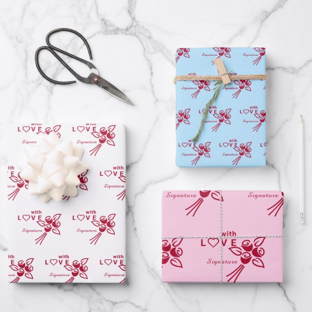 Personalised "With L❤️VE" Red Roses Wrapping Paper Sheet (Front)