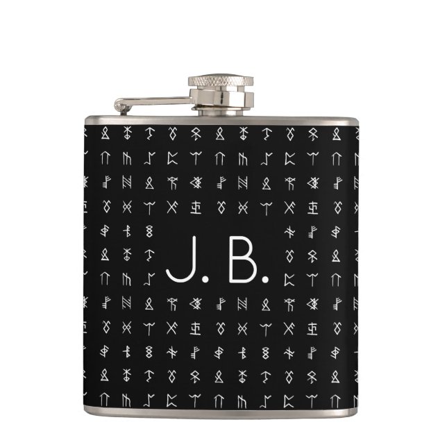 Personalised with Monogram & Runic Symbols Hip Flask (Front)