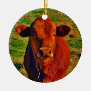 Personalised with name BABY BROWN COW EATING Ceramic Tree Decoration