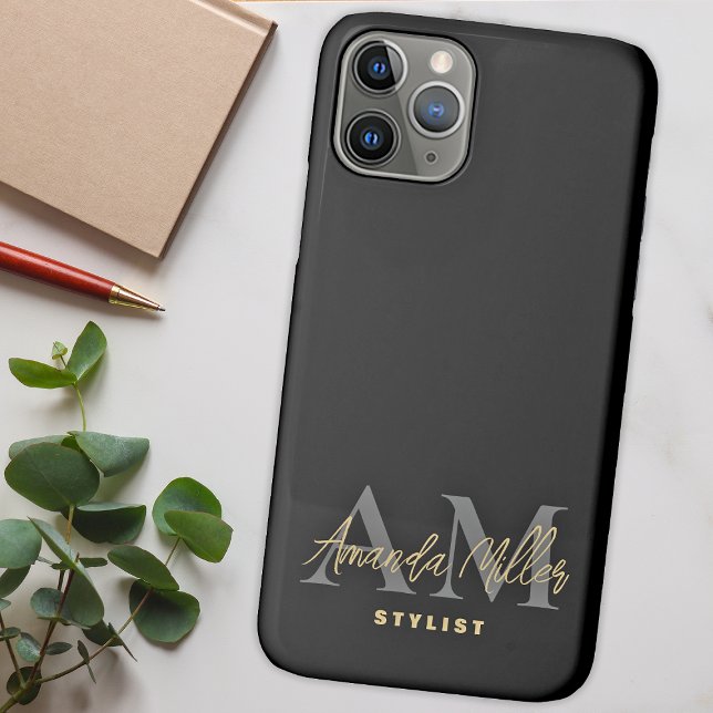 Personalised With Name Black Gold Modern Monogram Case-Mate iPhone Case (Creator Uploaded)