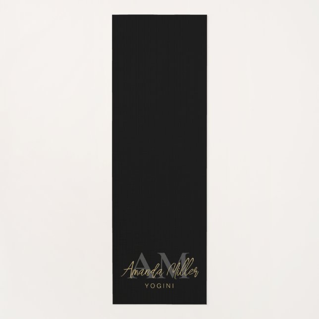 Personalised With Name Black Gold Modern Monogram Yoga Mat (Front)