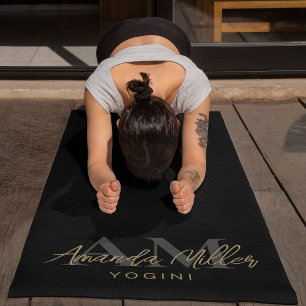 Personalised With Name Black Gold Modern Monogram Yoga Mat