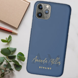 Personalised With Name Blue Gold Modern Monogram Case-Mate iPhone Case