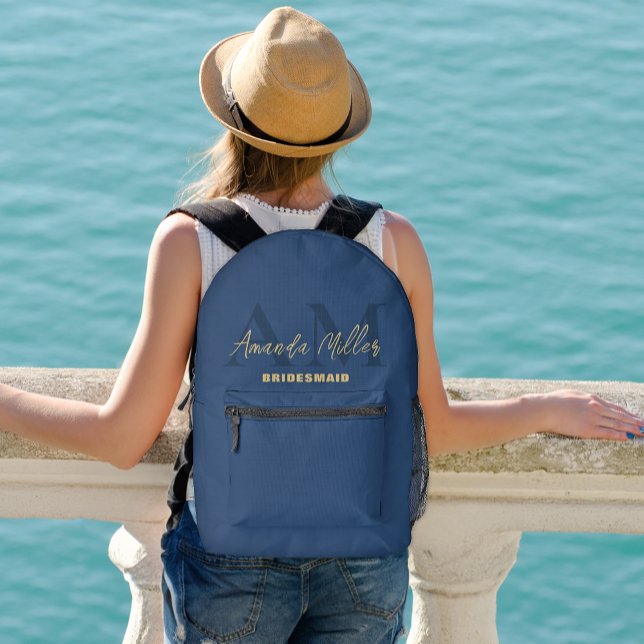 Personalised With Name Blue Gold Modern Monogram Printed Backpack (Creator Uploaded)