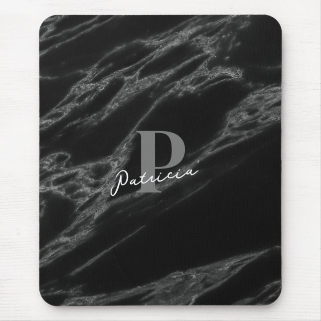Personalised with Name Initial Marble Black  Mouse Pad (Front)