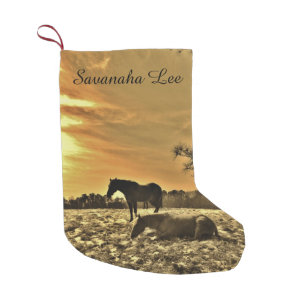 Personalised with name Sunset horses in snow Small Christmas Stocking