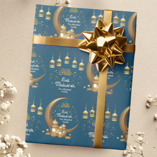 Personalised with Name Teal and Gold  Eid Mubarak  Wrapping Paper
