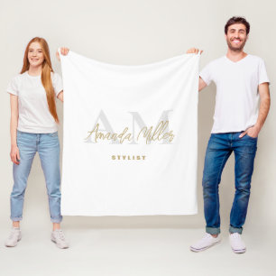Personalised With Name White Gold Modern Monogram Fleece Blanket