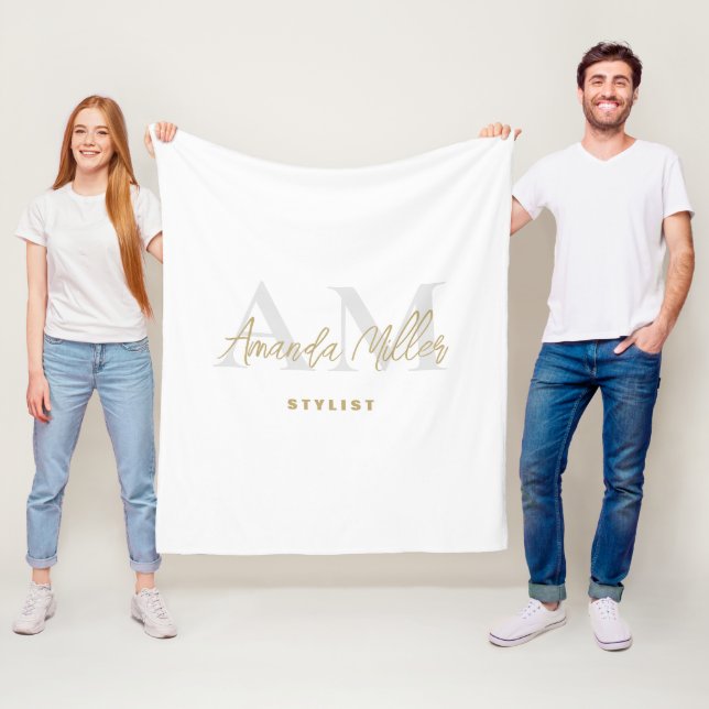 Personalised With Name White Gold Modern Monogram Fleece Blanket (In Situ)