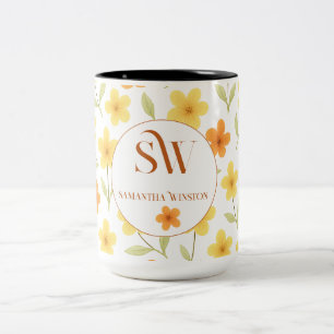 Personalised with Orange & Yellow Flowers _ Two-Tone Coffee Mug