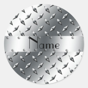 Personalised with your name diamond plate steel classic round sticker