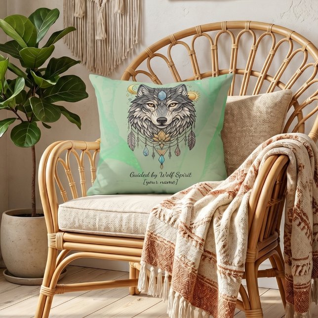 Personalised Wolf Spirit Sage Green Boho  Cushion (Personalized wolf spirit sage green boho throw pillow, mystical tribal wolf home décor cushion)
