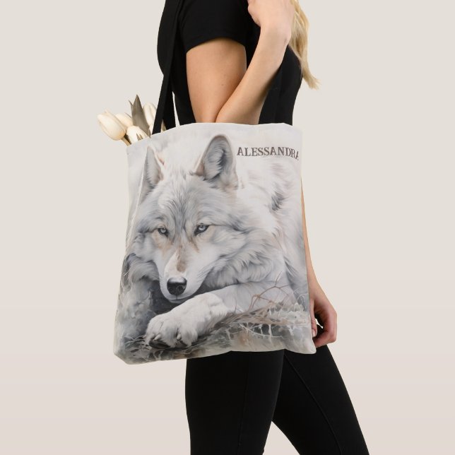 Personalised Wolf Tote Bag – Custom Name Gift (Close Up)