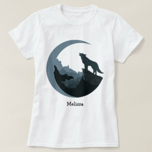 Personalised Women's Grey/Blue Howling at the Moon T-Shirt