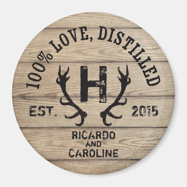 Personalised Wood Bourbon Barrel Wedding Monogram Magnet (Front)