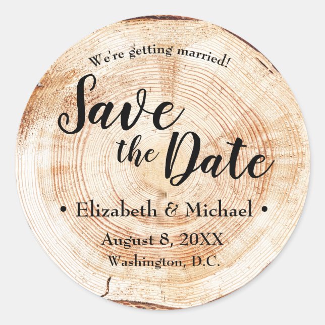 Personalised Wood Cut rustic Wedding Save the date Classic Round Sticker (Front)