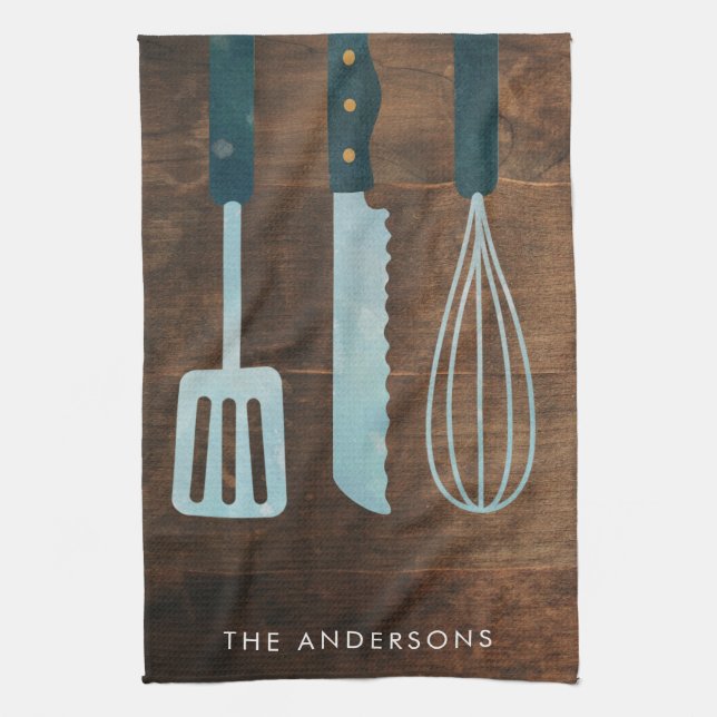 Personalised Wood Kitchen Utensils Family Name Tea Towel (Vertical)