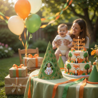 Personalised Woodland 1st Birthday Photo Party Hat
