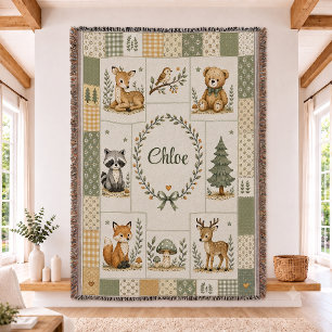 Personalised Woodland Animals Quilt Woven Throw  Blanket