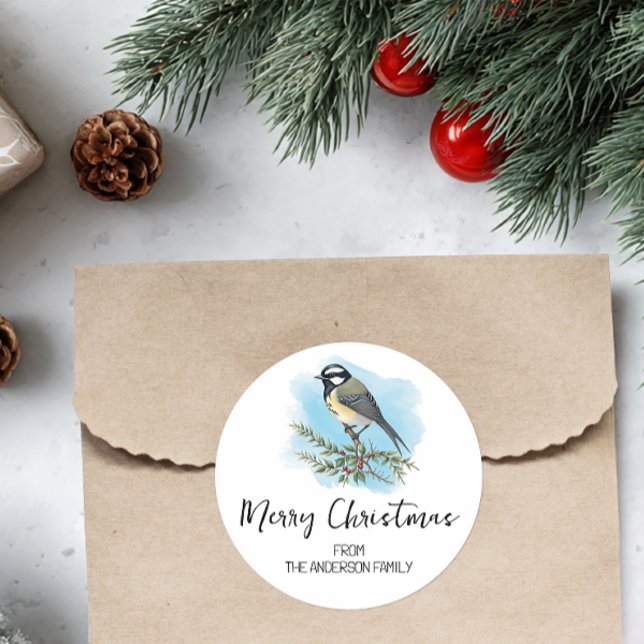 Personalised Woodland Bird Christmas Classic Round Sticker (Personalized Christmas Sticker)