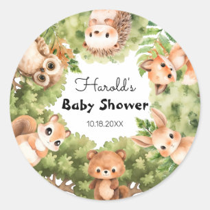 Personalised Woodland Boy Baby Shower Envelope Classic Round Sticker