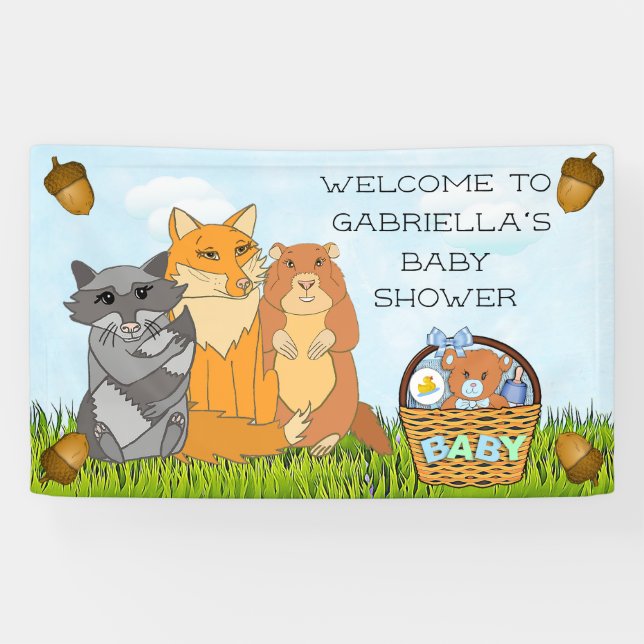 Personalised Woodland Creatures Boy Baby Shower Banner (Horizontal)
