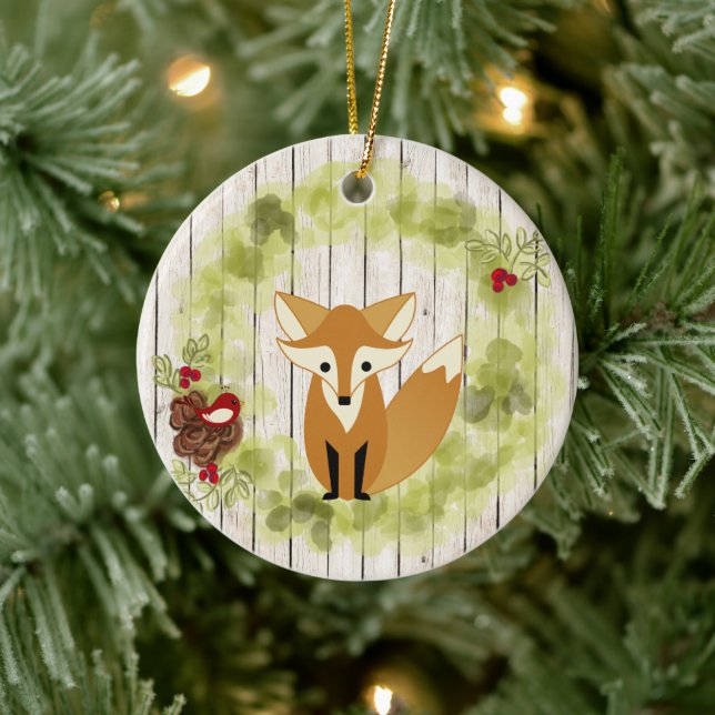 Personalised Woodland Fox and Wreath Christmas Ceramic Tree Decoration (Tree)