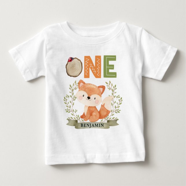 Personalised Woodland Ist Birthday Forest Fox Baby T-Shirt (Front)