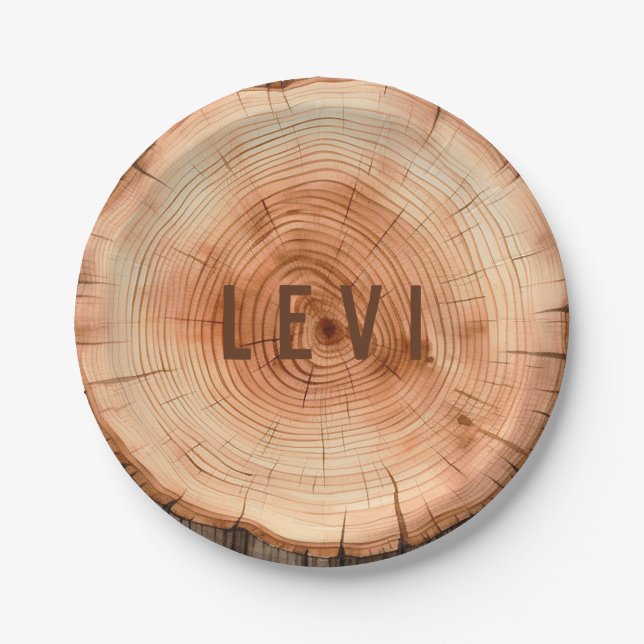 Personalised Woodland Rustic Cut Tree Grain Paper Plate (Front)