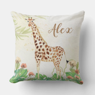 Personalised woodland safari giraffe greenery kids cushion