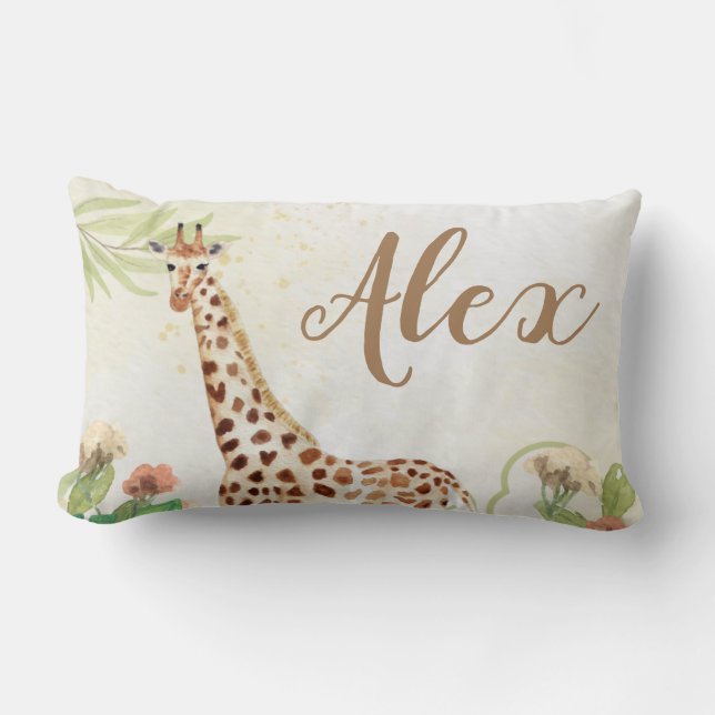 Personalised woodland safari giraffe greenery kids lumbar cushion (Front)