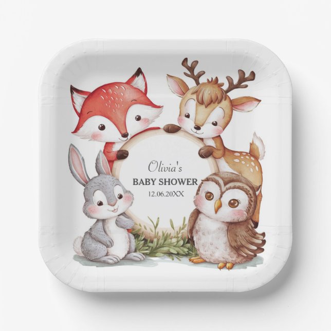 Personalised Woodland Themed Baby Shower Paper Plate (Front)