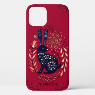 Personalised Woodlands Rabbit Folk Art On Red iPhone 12 Case