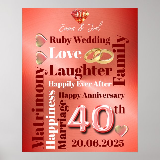 Personalised Word Art 40th wedding anniversary Poster (Front)