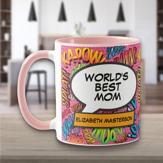 Personalised Worlds Best Mum Fun Pink Comic Book Mug (Personalized Worlds Best Mom Fun Pink Comic Book Mug)