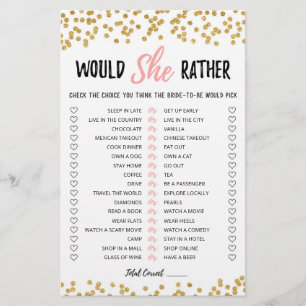 Personalised Would She Rather Bridal Shower game