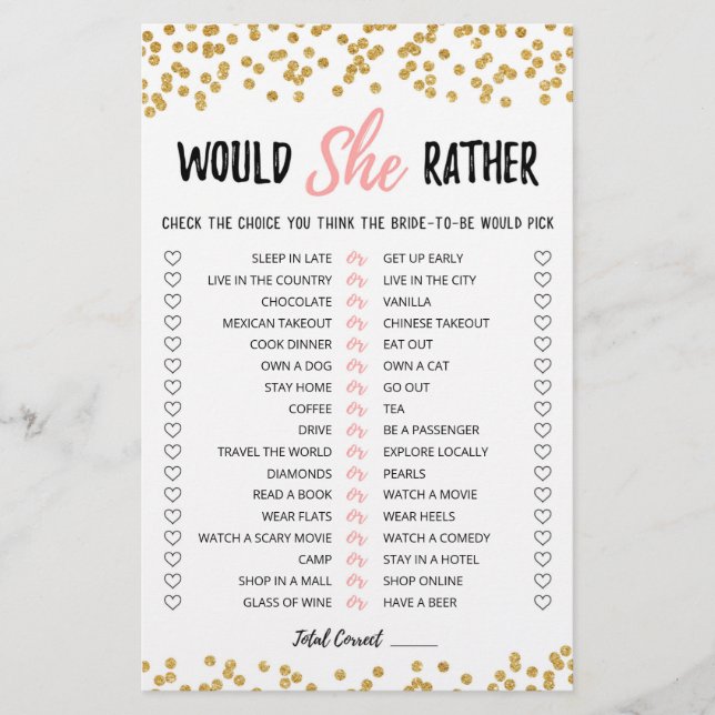 Personalised Would She Rather Bridal Shower game (Front)