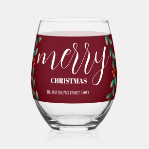 Personalised Wreath Burgundy Merry Christmas Name Stemless Wine Glass