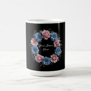 Personalised Wreath of Dusky Red and Blue Flowers Coffee Mug