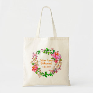 Personalised Wreath Watercolor Pink Floral Wedding Tote Bag