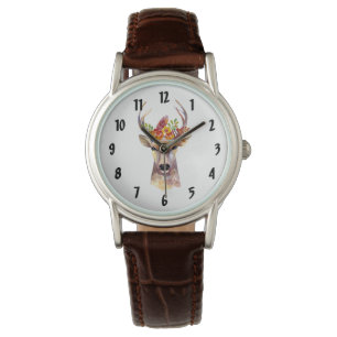Personalised Wrist Watch boho deer Buck head Brown