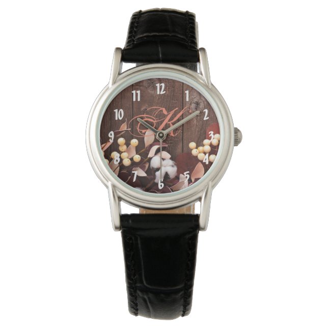 Personalised Wrist Watch Cotton Branch on Dark Woo (Front)