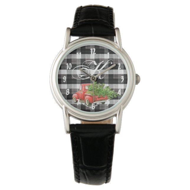 Personalised Wrist Watch XMAS Truck Baffalo Plaid (Front)
