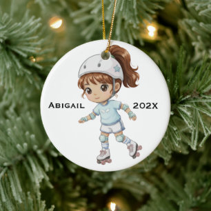 Personalised Xmas Hispanic Girl Roller Skating Ceramic Tree Decoration