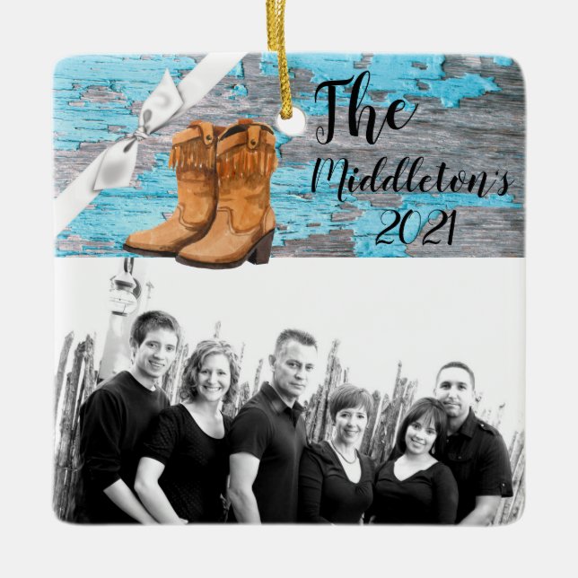 Personalised XMAS Ornament Blue Wood Barn Door Boo (Front)