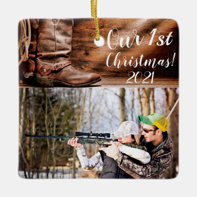 Personalised XMAS Ornament Cowboy Boots Barn Wood (Front)