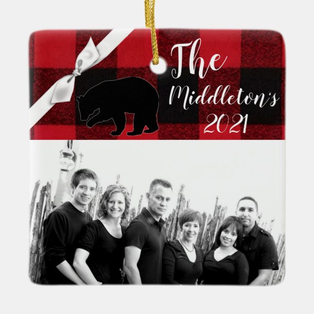 Personalised XMAS Ornament Red Buffalo Plaid Bear (Front)