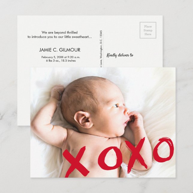 Personalised XOXO Valentine's Baby photo Announcement Postcard (Front/Back)