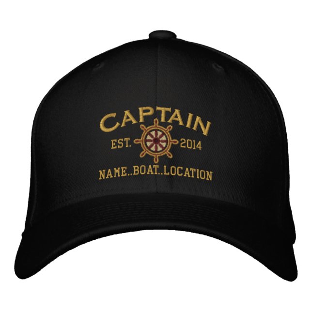 Personalised YEAR and Names Captain Wheel Embroidered Hat (Front)