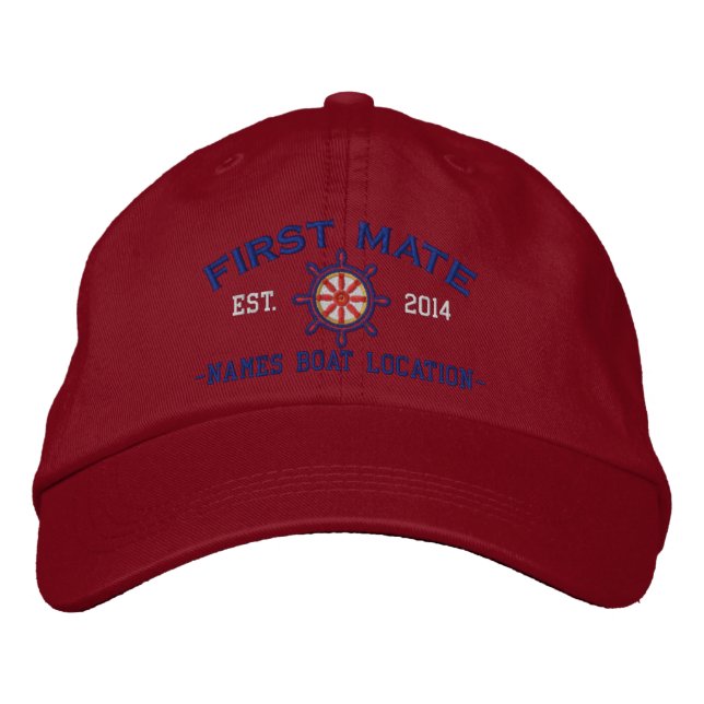 Personalised YEAR and Names First Mate Wheel Embroidered Hat (Front)